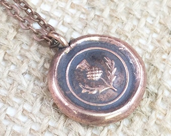 Scottish Thistle Antique Wax Seal Charm Necklace - Copper Pendant