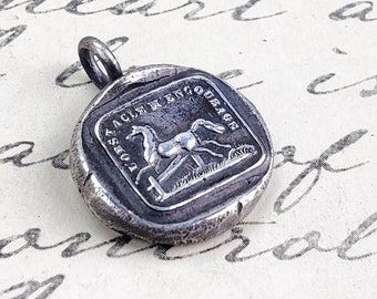 Strength and Perseverance Pendant - Horse Wax Seal Necklace in French - I'm Encouraged By Obstacles