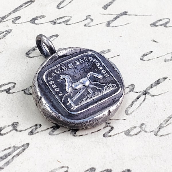 Strength and Perseverance Pendant - Horse Wax Seal Necklace in French - I'm Encouraged By Obstacles