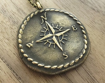 Compass Rose Pendant, Nautical Necklace, Wax Seal Necklace, Gifts for Travelers, Gifts for Grads, Stocking Stuffers Copper Bronze Silver