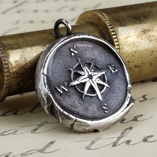 Nautical Star Pendant, Compass Rose Talisman Charm, Wax Seal Necklace Mantra Jewelry Gift for Grads