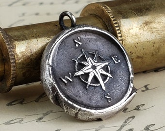 Nautical Star Pendant, Compass Rose Talisman Charm, Wax Seal Necklace Mantra Jewelry Gift for Grads