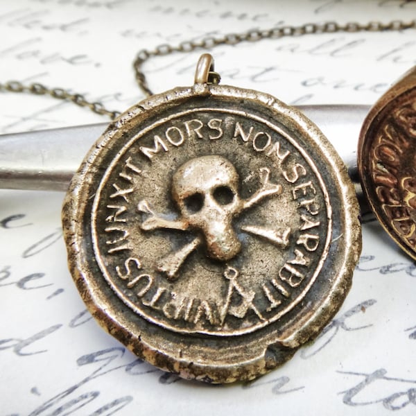 Skull and Crossbones Wax Seal Pendant - Whom Virtue Has United, Death Will Not Separate - Freemason Masonic Pendant