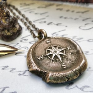 Traveler Gift - Bon Voyage Compass Pendant Necklace - Nautical Wax Seal Jewelry - Gold Mariner Charm - Golden Compass