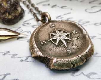 Traveler Gift - Bon Voyage Compass Pendant Necklace - Nautical Wax Seal Jewelry - Gold Mariner Charm - Golden Compass