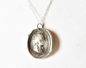 Antique Wax Seal Cameo Necklace - Silver Portrait Medallion