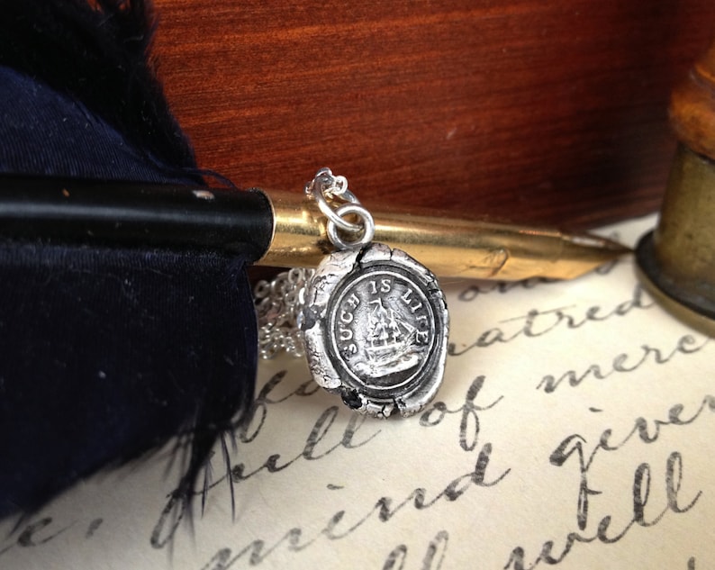 Ship Pendant Antique Wax Seal Necklace in Fine Silver Etsy