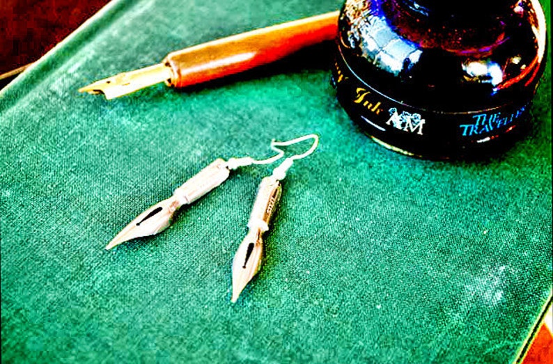 Shakespeare Earrings Antique Fountain Pen Nib Steampunk Earrings Fountain Pen earrings made of vintage pen nibs gift for writers image 3