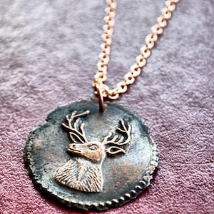 Copper Deer Necklace - Antique Wax Seal Necklace - Stag Medallion Charm