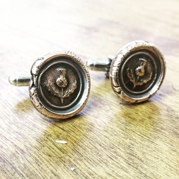 Wax seal Cufflinks with Scottish Thistle Scotland Fine Silver Antique