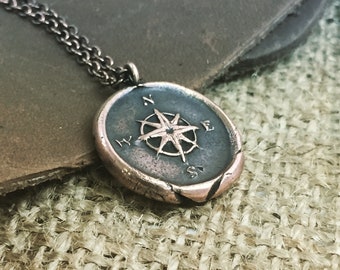 Compass Star Wax Seal Pendant, Nautical Compass Rose Talisman Charm, wax seal jewelry, gift for grad, sweet 16, wanderlust traveler gifts