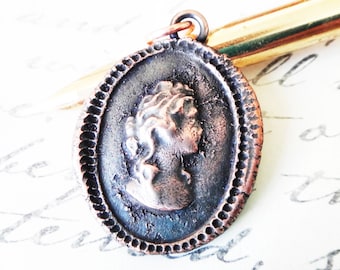 Antique Wax Seal Cameo Necklace - Copper Portrait Medallion