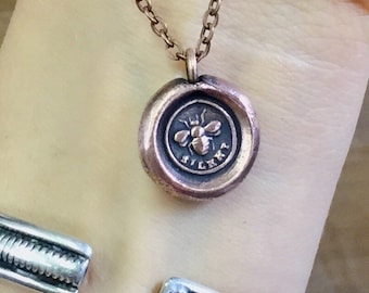 Bee Silent Pendant - Antique Wax Seal Necklace in Fine Silver - Silence Is Golden