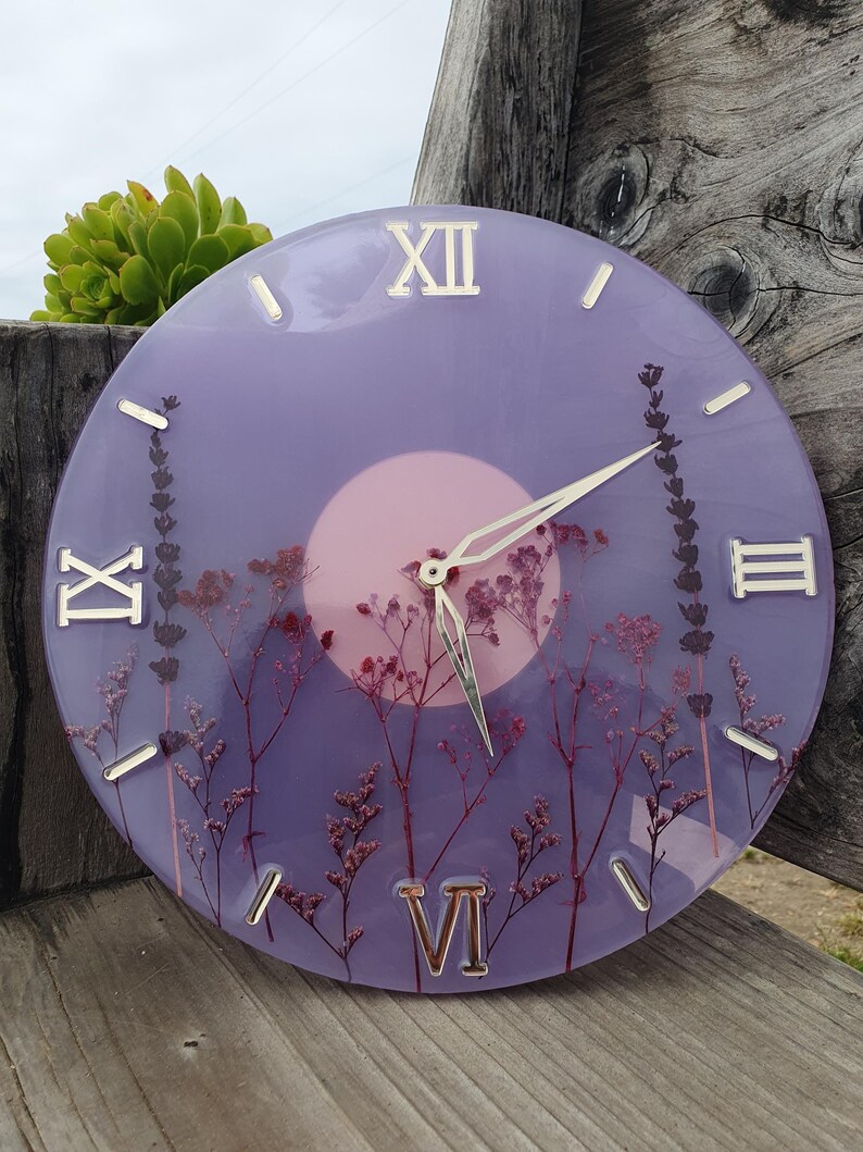 Unique Wall Clock with Real Flowers – Handmade Resin Art – Best Gift for Mom – Floral Cottagecore Home Decor image 2