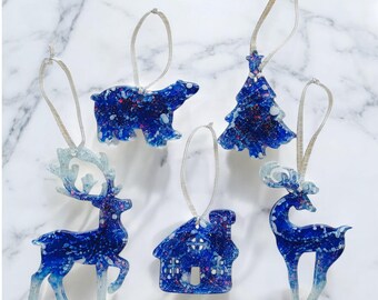 Handmade Epoxy Resin Christmas Ornaments – Unique 5-Piece Glitter Holiday Set – Blue Winter Decor Gifts