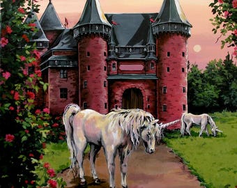 May include: A white unicorn with a long horn stands in front of a red brick castle with a green roof and tall towers. The castle has a large arched doorway and is surrounded by lush green foliage.