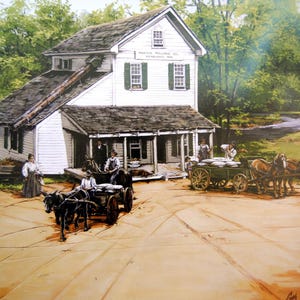 May include: A white wooden building with a sign that reads "Parker Williams Mill Co. Established 1868". There are people and horses in front of the building, and a wagon with sacks of grain. The scene is set in a rural area with trees and a stream in the background.