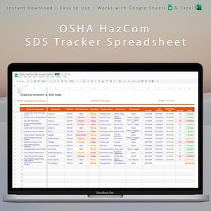 OSHA HazCom SDS Tracker Spreadsheet | Chemical Inventory Log | Safety Data Sheet Index | GHS Compliance | Editable Excel Google Sheets