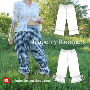 May include: Black and white gingham bloomers featuring an elasticated waistband, gathered leg openings with white lace trim, and side ties. The image includes the text Teaberry Bloomers and Includes instruction video alongside two technical line drawings.