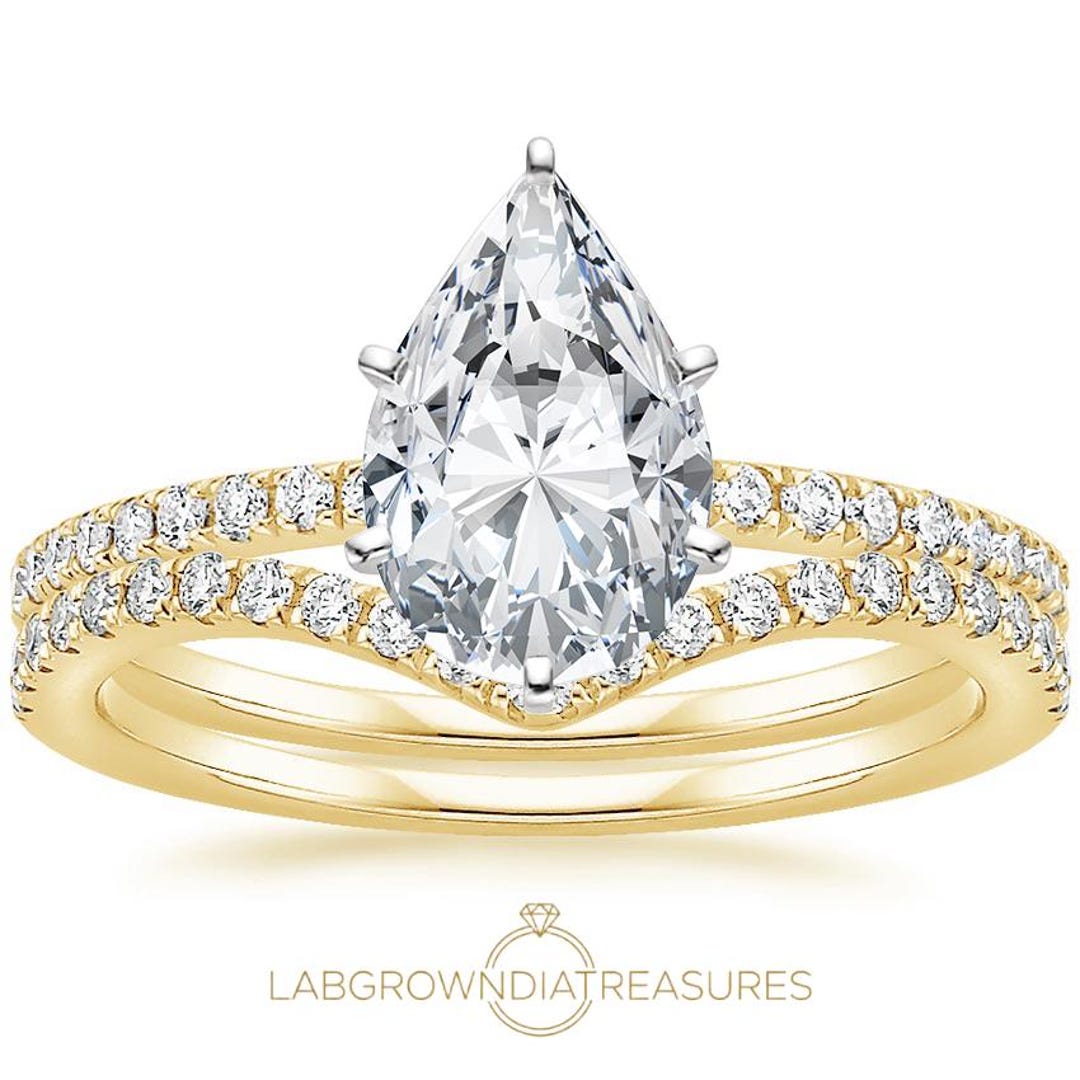 3 Ct Pear Cut Lab Grown Diamond Engagement Ring Set 14k Solid Gold ...