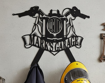 Custom Metal Motorcycle Helmet & Jacket Holder: Garage Decor, Garage Sign, Custom Garage Motorcycle Sign, Gift for Him, Fathers Day Gift