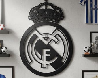 Metalowy znak ścienny z logo Realu Madryt, dekoracja ścienna Realu Madryt, prezent dla kibiców Madrytu, dekoracja ścienna z logo drużyny LaLiga, zawieszka ścienna Real Madryt