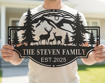 Custom Deer Family Name Sign,Personalized Deer Forest Metal Sign, Metal Deer Sign, Family Last Name Monogram Cabin, Outdoor Decor Gift