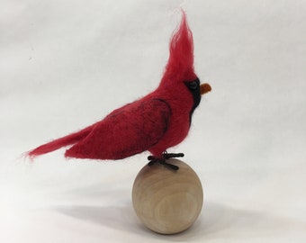 handmade needle felted Red cardinal bird on wood ball sphere 7 x 7 inches red and black nursery decor child's room