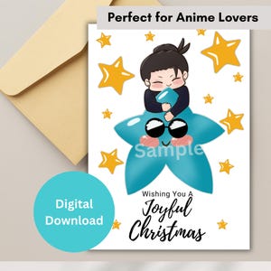 Cartão de Natal fofo de anime, cartão comemorativo, cartão de Natal, cartão comemorativo de anime, estrela | Para imprimir, download instantâneo