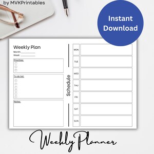 Undated Printable Weekly Planner, Landscape, Weekly Planner Pages, Work From Home, To Do List, Weekly Planner Printable | Instant Download