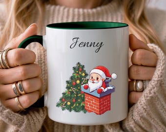 Personalized Christmas mug, Santa Claus in the chimney, mug with name, Christmas gift mug, festive mug, Christmas tree mug