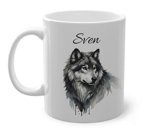 Lobo| Taza de cerámica personalizada con motivos de animales de acuarela, taza de té, regalo para amigos y familiares