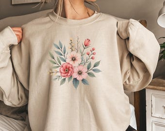 Floral sweatshirt, women's sweatshirt with floral pattern, aesthetic pullover, trendy sweatshirt, comfortable top, gift idea for her