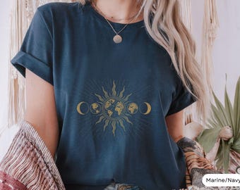 Celestial Comfort Shirt, Moon Phase T-Shirt, Boho Mystical Moon and Sun T-Shirt, Boho Moon Outfit, Spiritual Moon Women's Clothing