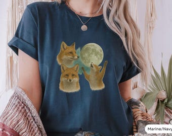 Three Foxes Retro Graphic T-Shirts, Vintage Fox Moon T-Shirt, Fox Lover, Funny Fox T-Shirt, Silly Gifts Shirt Birthday