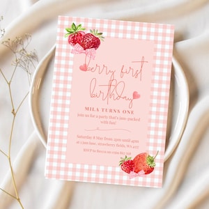 Berry First Birthday Party Invitation Girl | Strawberry Party Invite Template | Editable Canva Invite | 1st Birthday Strawberry Theme