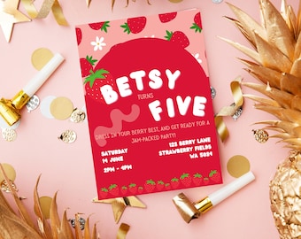 Strawberry Birthday Party Invitation Template: Berry Sweet Canva Invite (Digital Download)