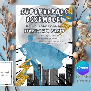 Editable Superhero Birthday Party Invitation | Kids Birthday Invite | Comic Hero Theme | Instant Download | Canva Template
