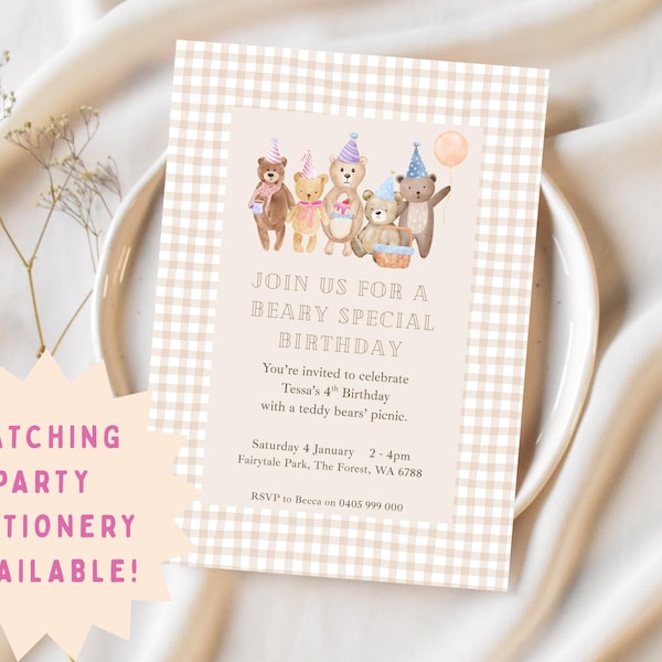 Faire-part d'anniversaire pique-nique avec ours en peluche : modèle sur toile de style vintage (imprimable à faire soi-même, téléchargement immédiat)