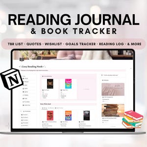 Modello di diario di lettura Book Tracker Notion, registro di lettura digitale, pianificatore estetico Notion per gli amanti dei libri, obiettivi e sfide di lettura 2025