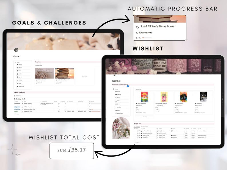 Notion Reading Journal - the perfect digital reading journal for the bookworms and book lovers who want an all-in-one journal to review, Notion Book Tracker you can keep track of all your reviews, books, wishlist items, authors, favourite quote