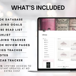 Op de afbeelding: Het scherm van een laptop toont een boekentracking-app met een lijst van functies, waaronder een boeken database, leesdoelen, een lijst met boeken om te lezen, een verlanglijst, een leestracker, boekrecensiepagina's, een serie tracker, citaten en een vocabulaire tracker. De app bevat ook een bibliotheeksectie met categorie&euml;n voor boeken voor volwassenen, dark romance, romance, science fiction, sportromance en thrillers. De tekst "WHAT'S INCLUDED" wordt bovenaan het scherm weergegeven.