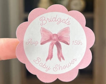 Personalized Pink Bow Sticker Sheet (12/Sheet) | Soft Pink Bow Coquette Aesthetic Themed Birthday Party, Baby Shower, Party Favor Decor