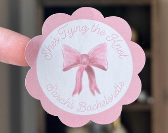 She's Tying the Knot Bachelorette Sticker Sheet (12/sheet) | Soft Pink Bow Coquette Aesthetic Themed Bach Party, Bridal Shower Party Decor