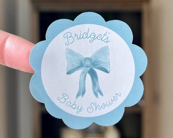 Personalized Dusty Blue Bow Sticker Sheet (12/Sheet) | Blue Bow Coquette Aesthetic Themed Birthday Party, Baby Shower, Party Favor Decor