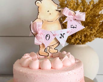 Winnie The Pooh First Birthday Mini Cake Topper | Pink Polka Dot One Party Cake, Cake Smash Photo Prop, Girly Birthday Party Sign Decoration