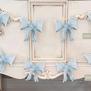 Dusty/Baby Blue Bow Garland | Shower Decor, 1st Birthday Banner, Baby Shower Dessert Table Bunting, Soft Feminine Coquette Theme Decoration