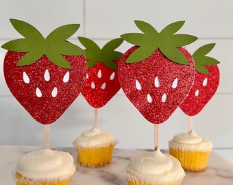Red Glitter Strawberry Cupcake Toppers - Set of 12 | Party Favor Toppers, Sweet 1st Birthday, Summer Strawberry Themed Party Cupcake Toppers