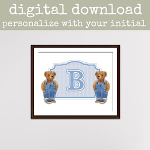 Escudo inicial de osito de peluche azul personalizado (DESCARGA DIGITAL) / Decoración de guardería de género neutro, arte mural con letras personalizadas, temática de osito
