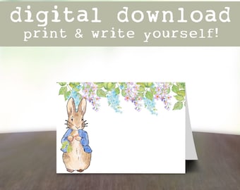 Peter Rabbit Food Card DIGITAL DOWNLOAD | Beatrix Potter Name Card, Blank Baby Shower/Birthday Party Write-In Card Template, DIY Place Card